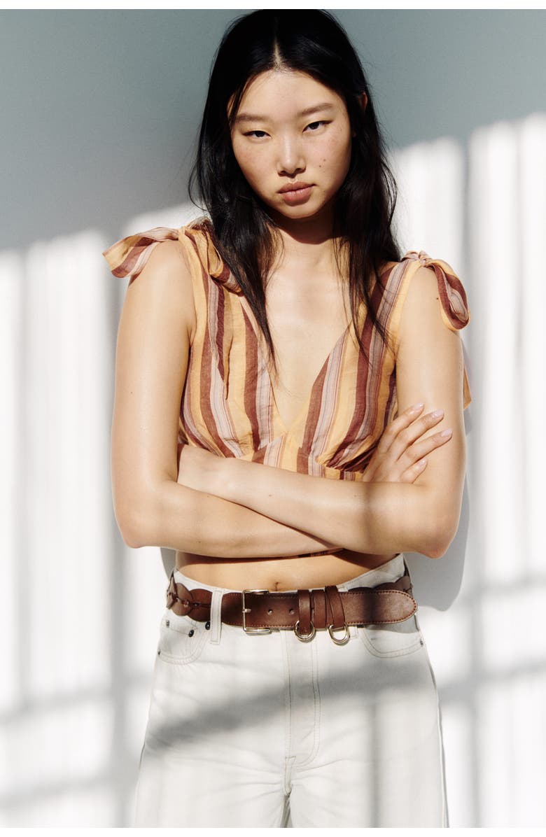 H&M Cropped Tie-strap Top, Alternate, color, Beige/Striped