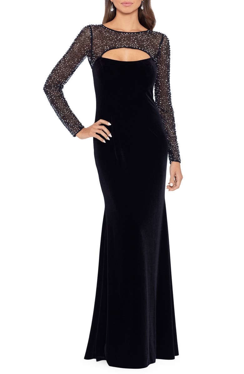 Betsy & Adam Bead Embellished Long Sleeve Velvet Mermaid Gown, Main, color,