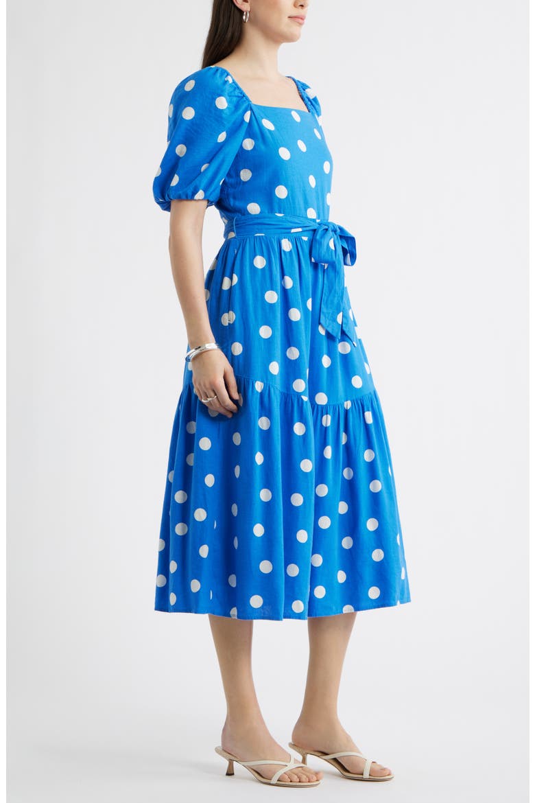 Puff Sleeve Linen Blend Midi Dress, Alternate, color, BLUE PALACE- IVORY TULLA DOT