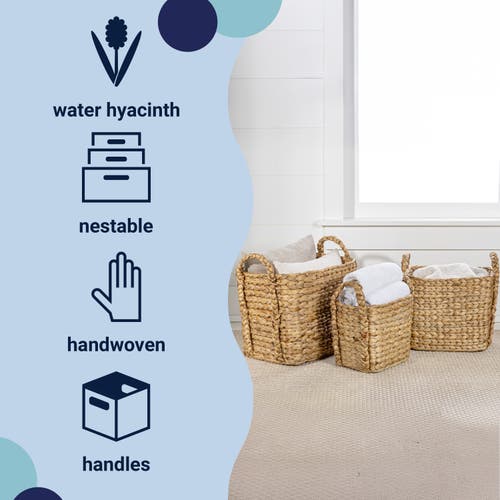 Happimess Clara Farmhouse Classic Handwoven Hyacinth Rectangle Storage Floor Baskets With Handles, In Natural