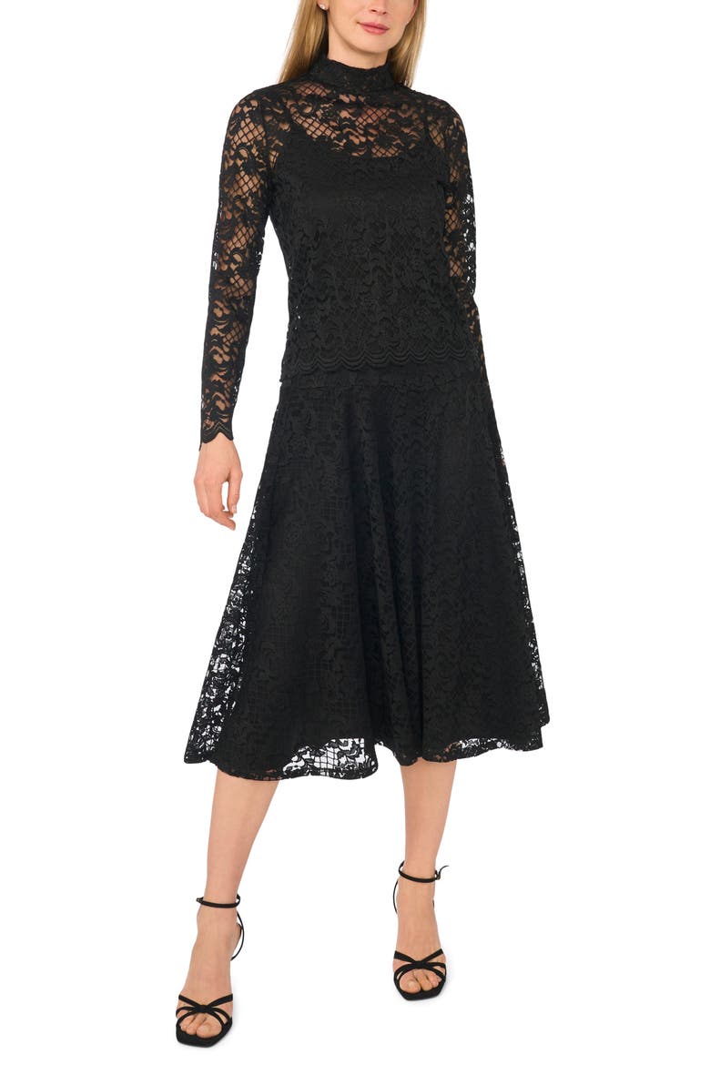 Lace Godet Midi Skirt, Alternate, color, RICH BLACK
