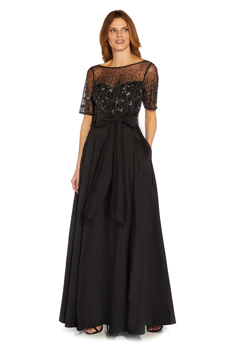 Beaded Mesh & Taffeta Ballgown, Alternate, color, BLACK