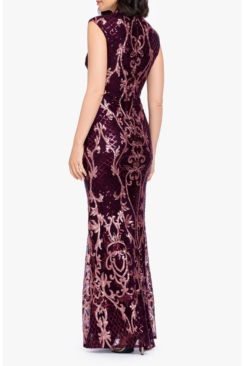 Sequin Mock Neck Sleeveless Mermaid Gown, Alternate, color, WINE/ ROSE