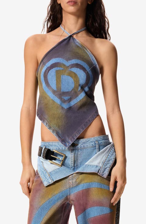 Halter Cotton Blend Denim Top