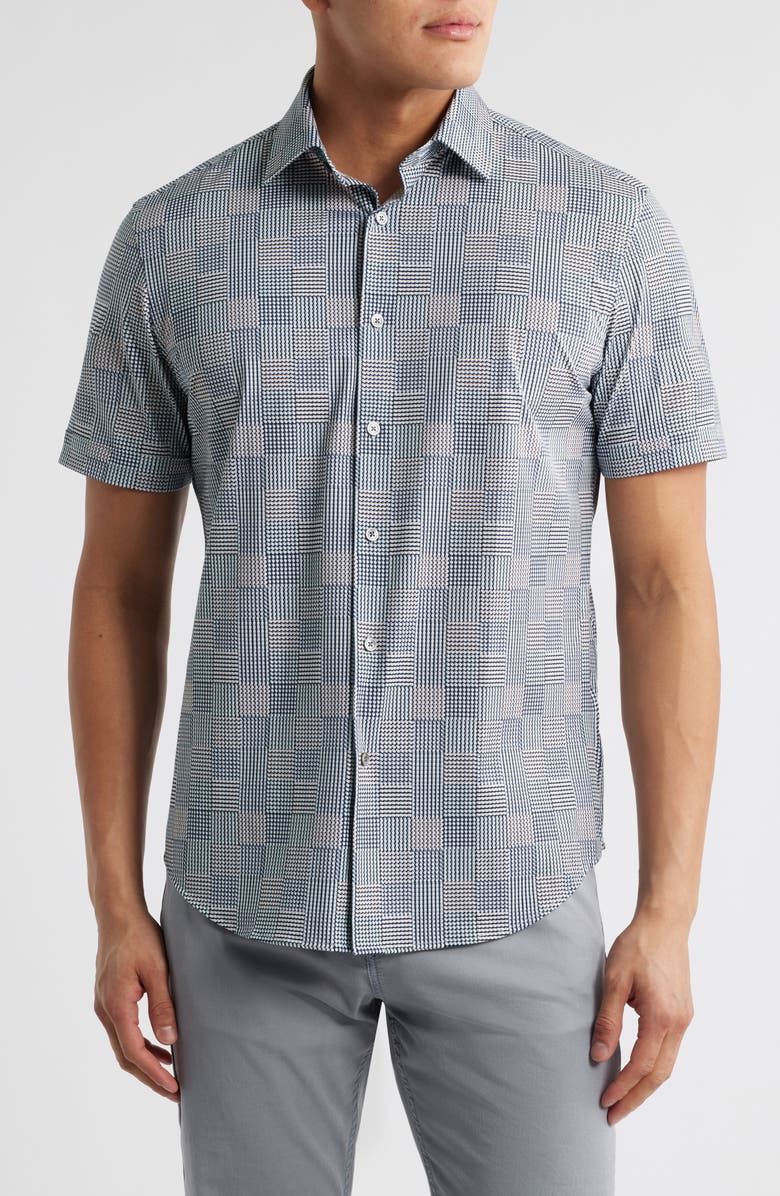 Bugatchi Miles OoohCotton<sup>®</sup> Geo Print Short Sleeve Button-Up Shirt, Main, color, Graphite