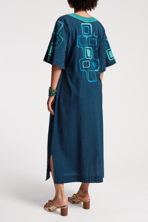 Shop Frances Valentine Charming Caftan Maxi Jetson Print Cotton Linen In Blue/multi