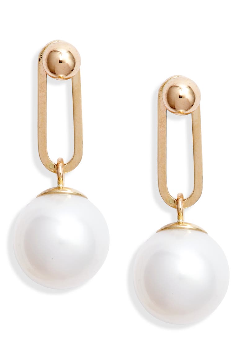Pearl Paper Clip Drop Earrings, Main, color, 14K YELLOW GOLD