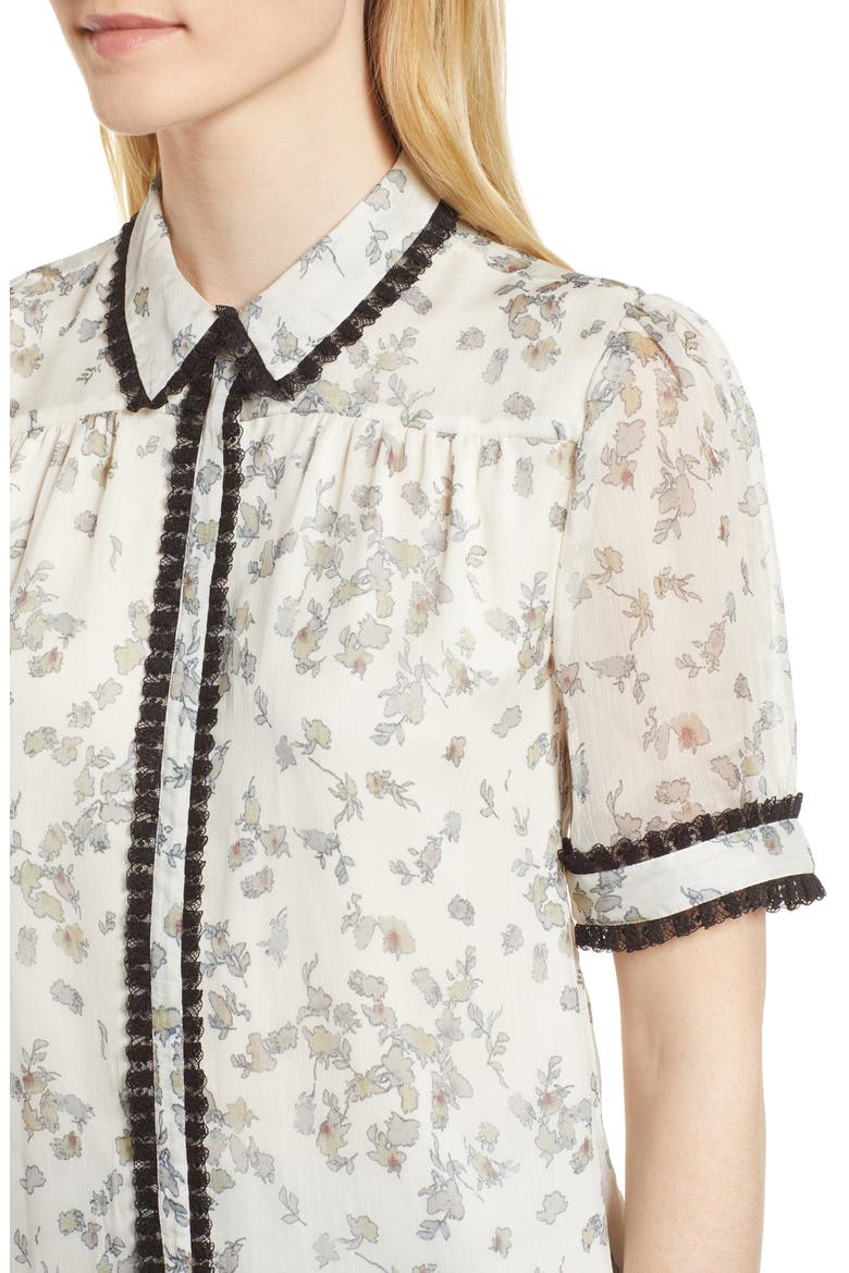 Floral Print Ruffle Trim Shirt, Alternate, color, ANTIQUE WHITE