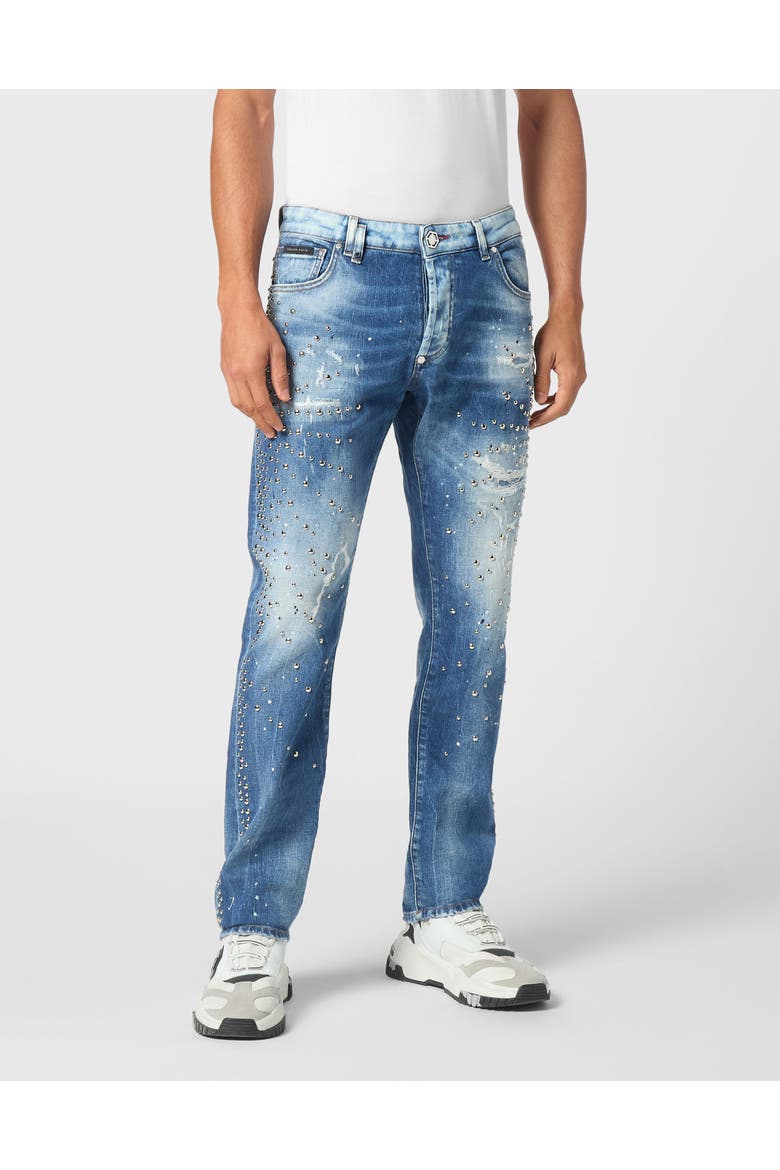 Denim Super Straight Cut Trousers Studs Men, Main, color, ThunderBlue