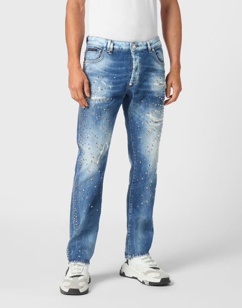 Denim Super Straight Cut Trousers Studs Men