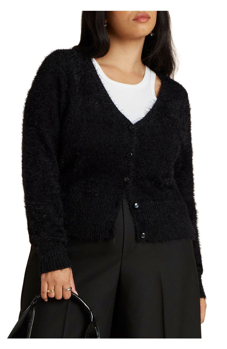 ELOQUII Fuzzy Cardigan, Main, color, Black Onyx