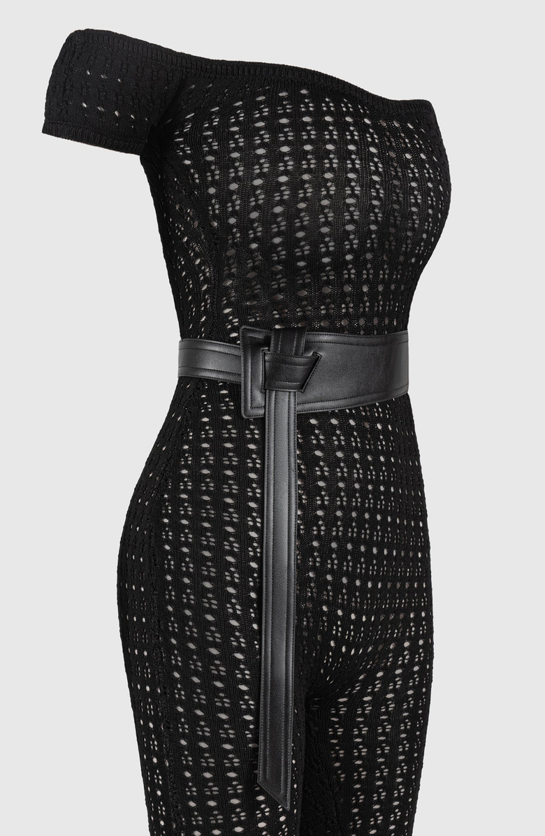 Manière De Voir Martine Pointelle Knit Bardot Jumpsuit with Belt, Alternate, color, Black