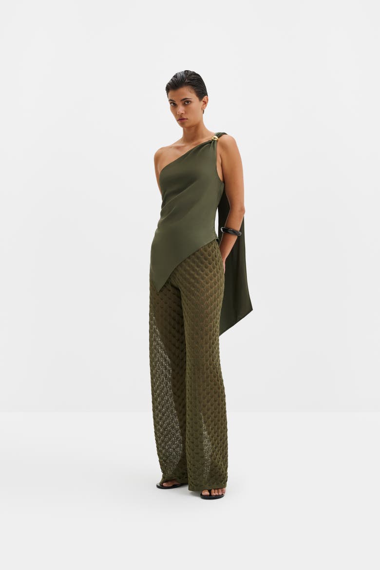 Neija Brooch Detailed One Shoulder Top, Alternate, color, Dusty Olive