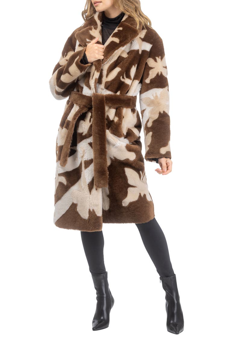 Reversible Genuine Shearling Coat with Butterfly Intarsia, Belt, Alternate, color, Chestnut/Palomino/Cream