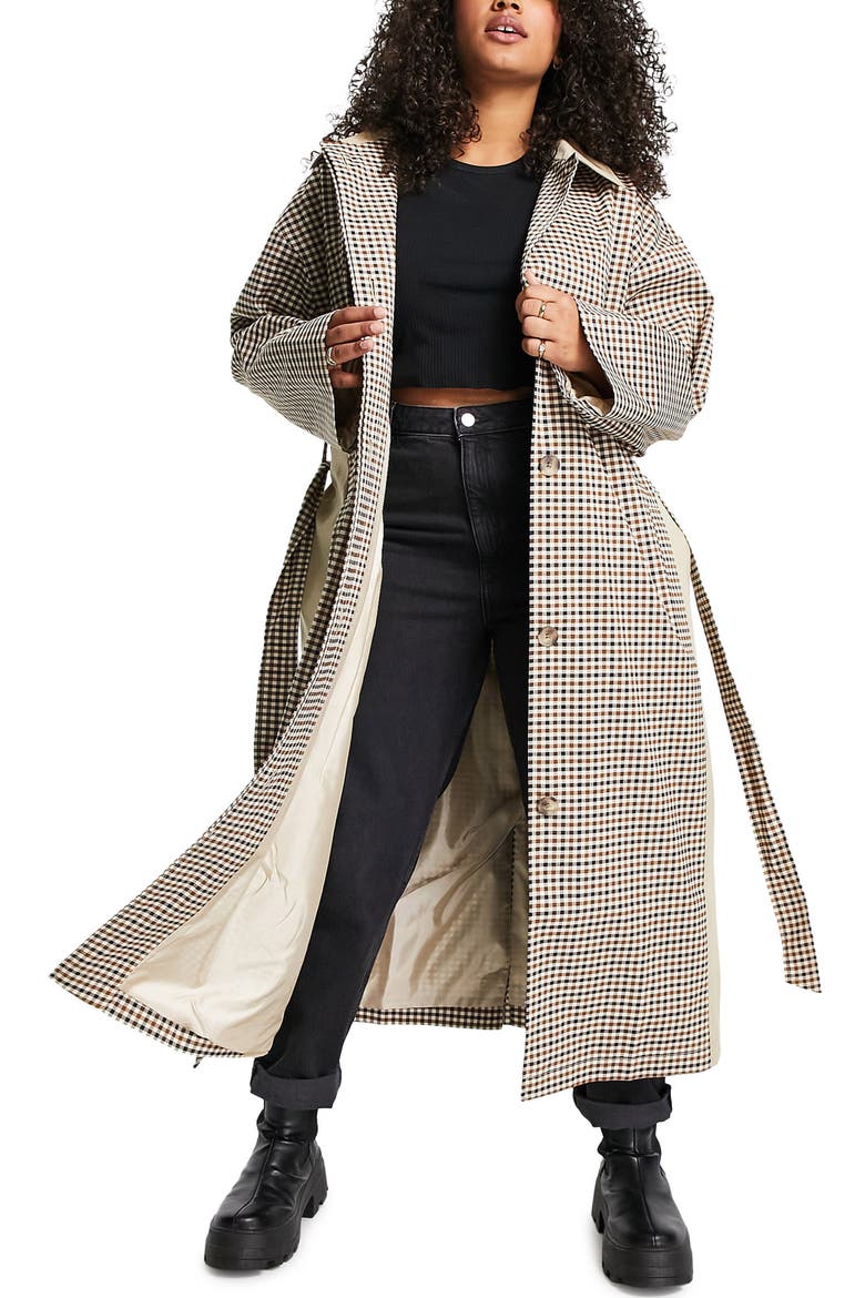 Curve Gingham Trench Coat, Main, color, BEIGE