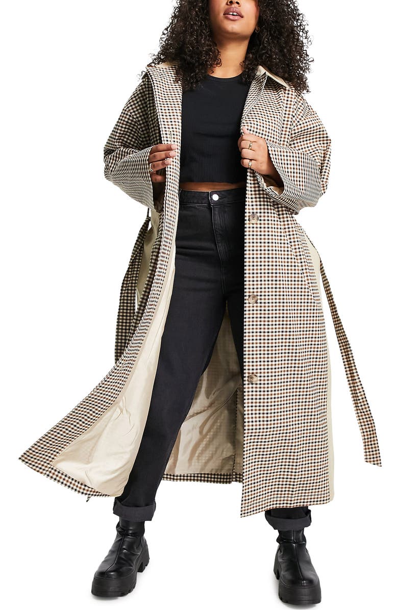 ASOS DESIGN Curve Gingham Trench Coat, Main, color,
