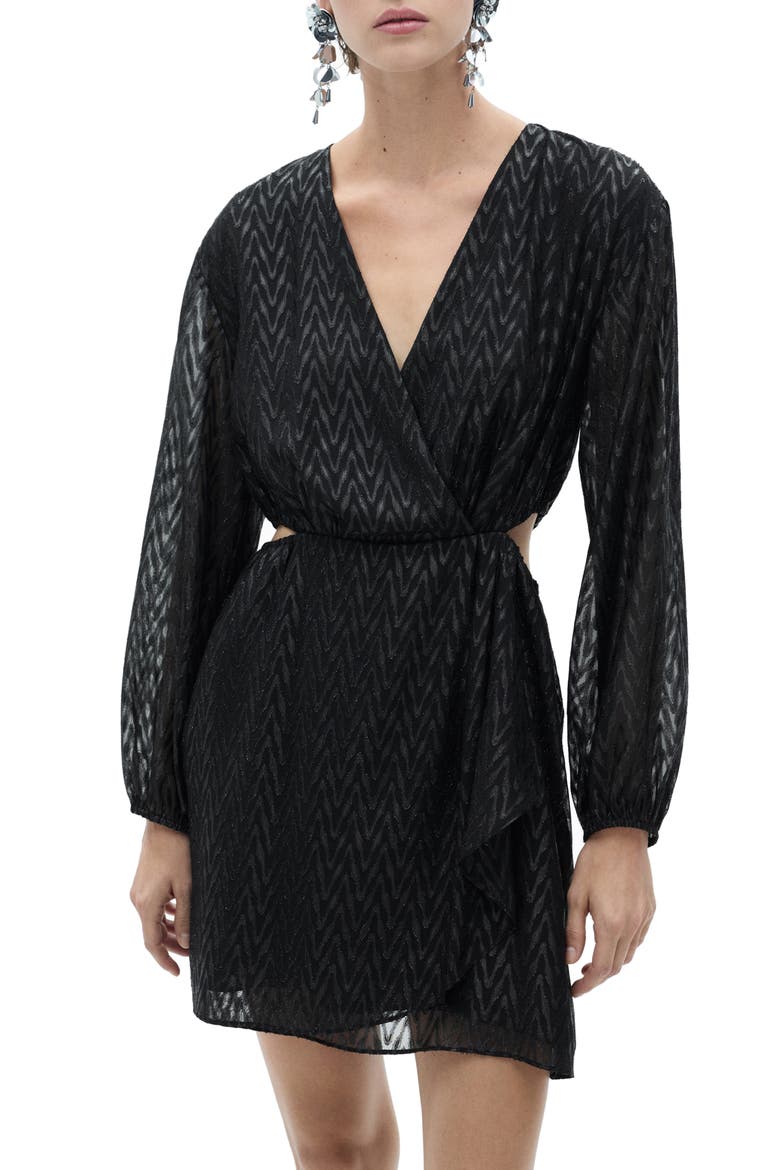 Metallic Long Sleeve Cutout Faux Wrap Dress, Main, color, BLACK