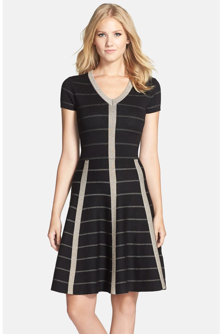 Metallic Fit & Flare Sweater Dress, Main, color, BLACK/ GOLD
