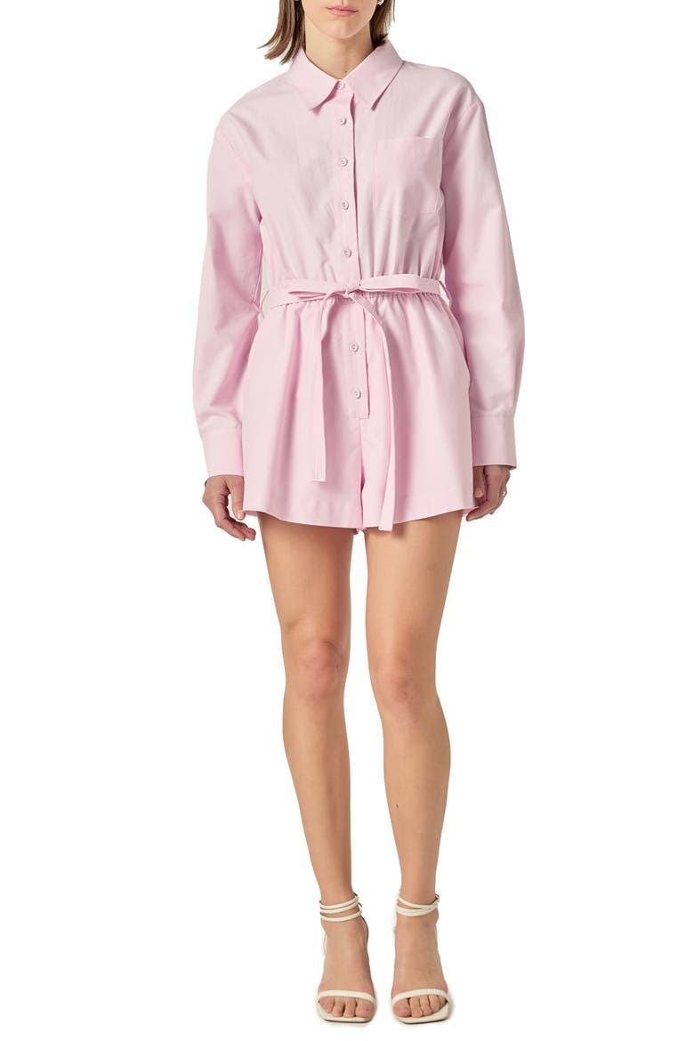 Long Sleeve Oxford Cotton Romper, Main, color, PINK