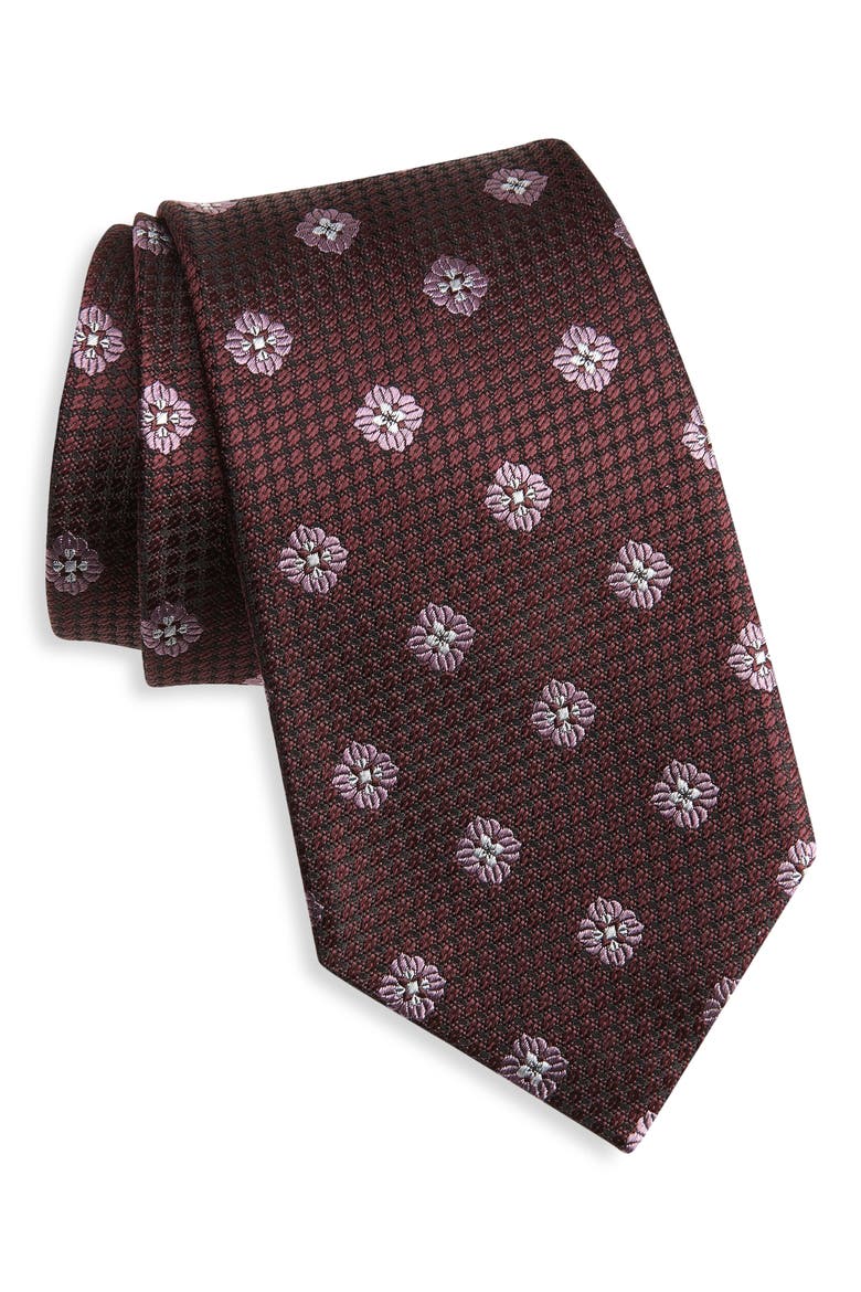 Geometric Silk Tie, Main, color, DARK RED FAN