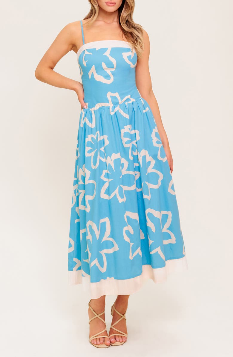 FLYING TOMATO Floral Print Cotton Fit & Flare Midi Dress, Alternate, color, Blue/ Ivory