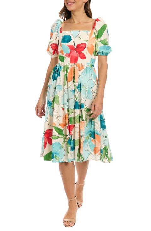 Floral Square Neck Puff Sleeve Tiered Midi Dress