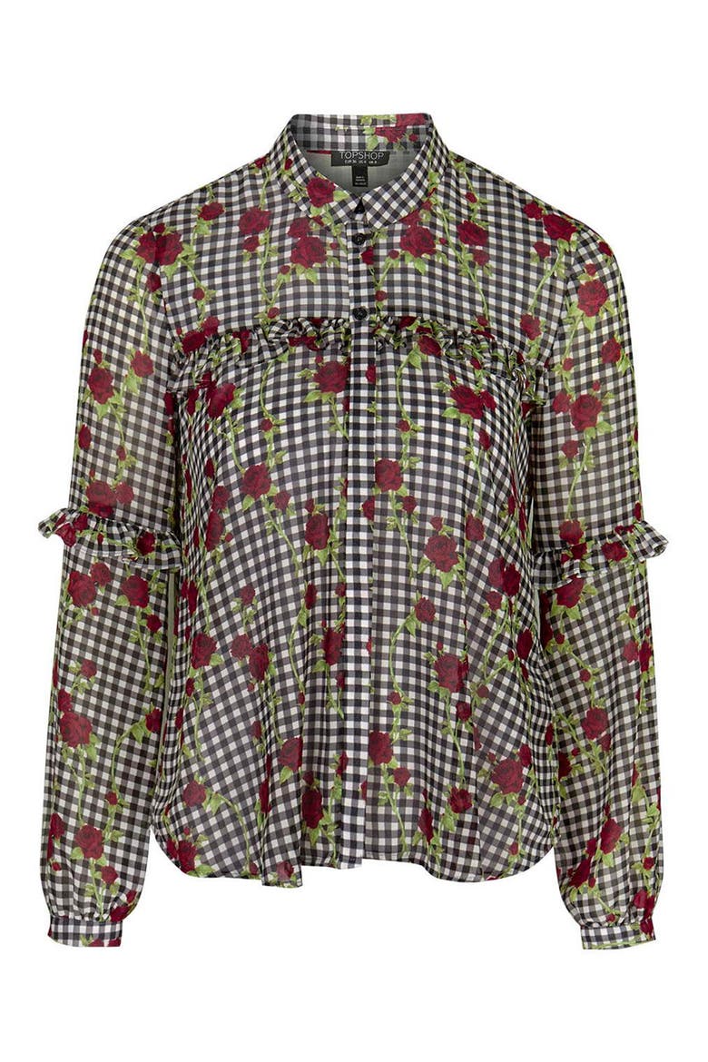 Floral Gingham Ruffled Shirt, Alternate, color, BLACK MULTI