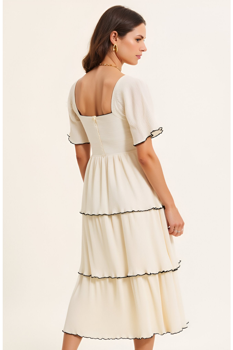 Tiered Pleated Midi Dress with Flutter Sleeves and Contrast Trim, Alternate, color, Ivory