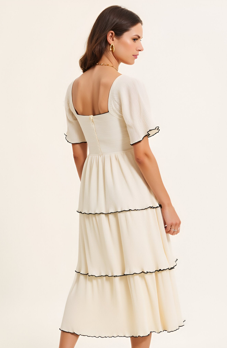 Modenaire Tiered Pleated Midi Dress with Flutter Sleeves and Contrast Trim, Alternate, color, Ivory
