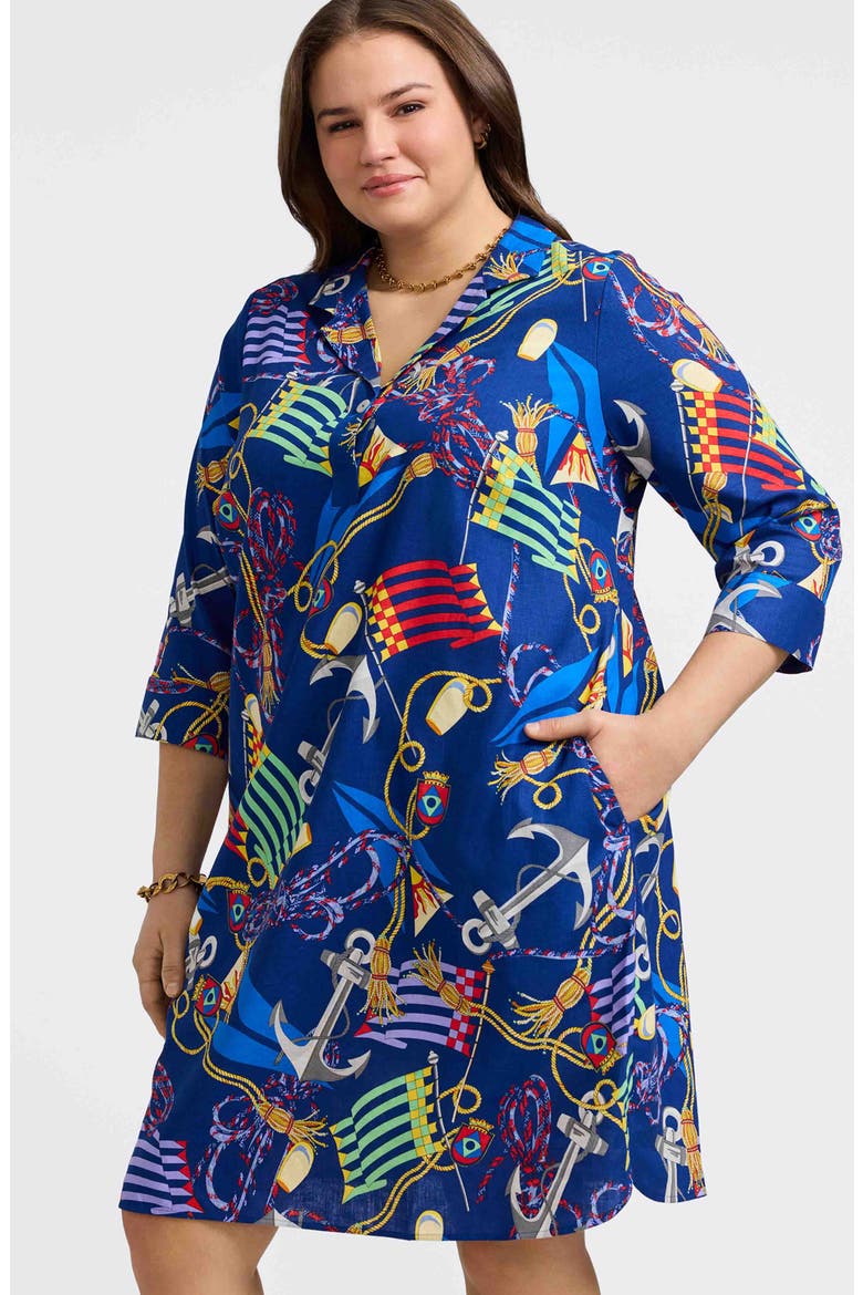 Sloane Nautical Print Linen Blend Shirtdress, Alternate, color, NAVY MULTI