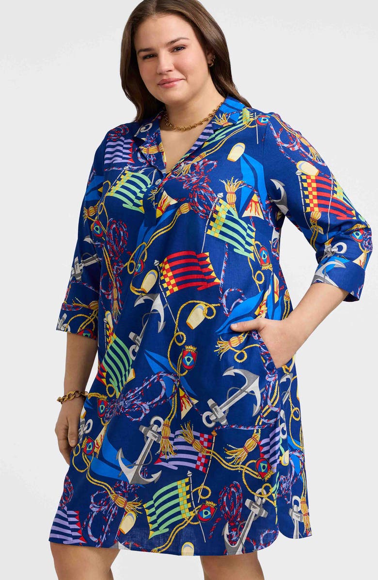 Foxcroft Sloane Nautical Print Linen Blend Shirtdress, Alternate, color, Navy Multi