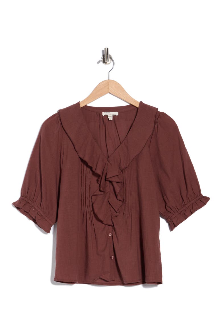 Romantic Ruffle Button-Up Shirt, Alternate, color, REDBEAN COOKIE
