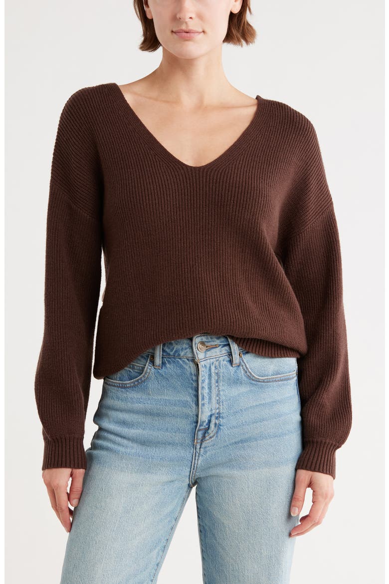 Bow V-Neck Sweater, Main, color, BROWN