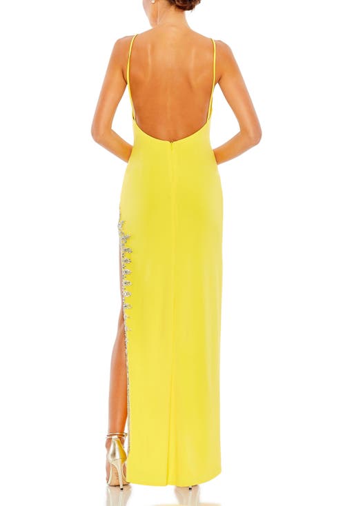 Mac Duggal Rhinestone Encrusted Side Slit Cami Bodycon Gown In Yellow