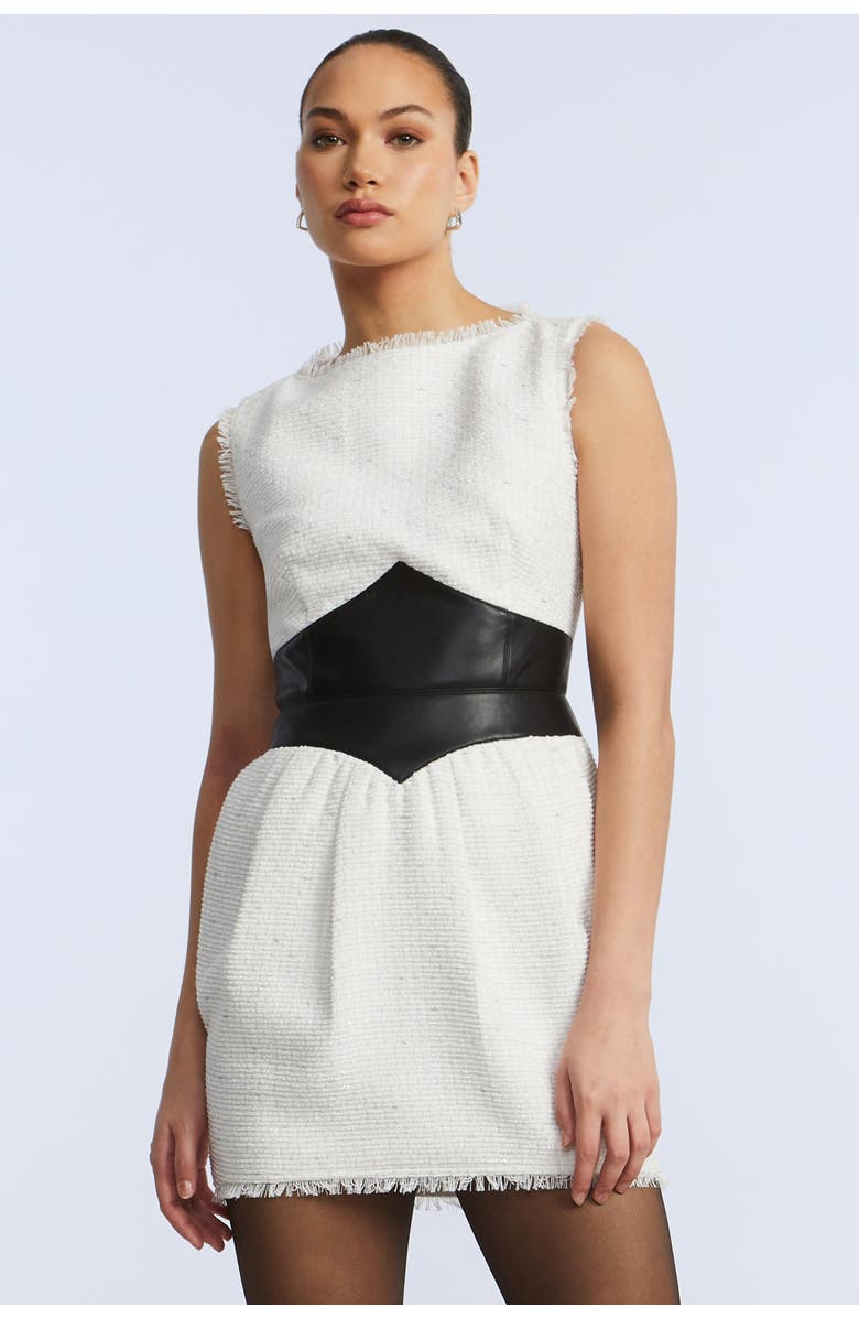 BCBGMAXAZRIA Leather Tweed Dress, Alternate, color, Black/White