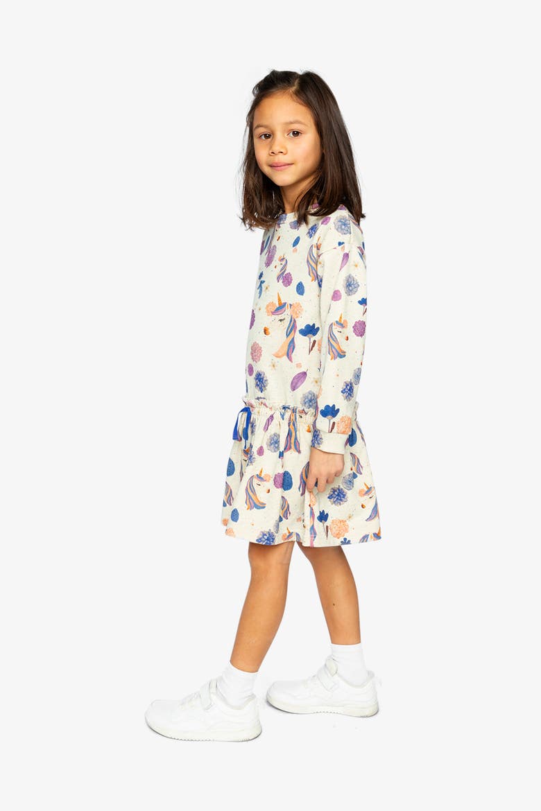 French Terry Long Sleeve Relaxed Dress, Alternate, color, Beige Unicorn Print