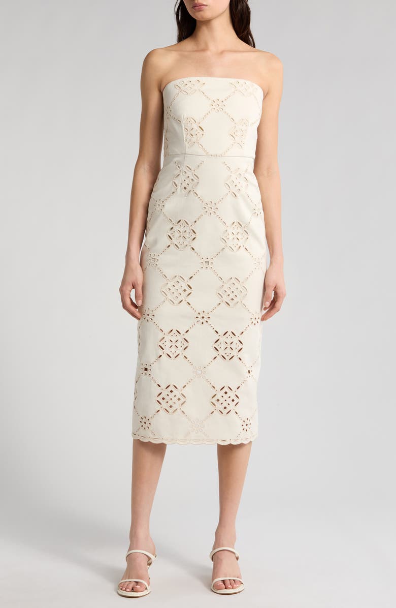 Veronica Beard Netia Embroidered Eyelet Strapless Midi Dress, Main, color, 