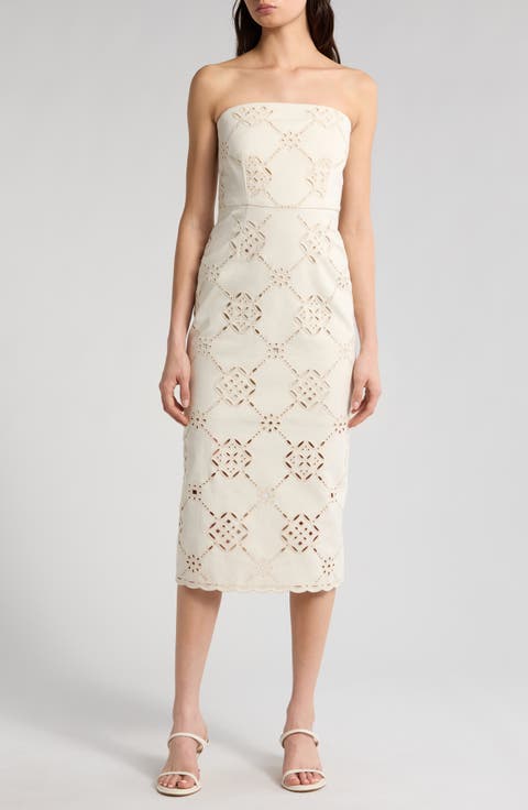 Netia Embroidered Eyelet Strapless Midi Dress