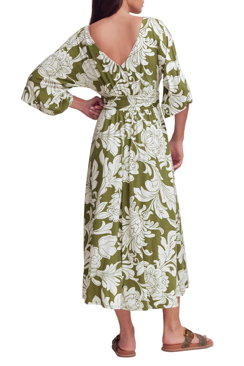 Imelda Floral Kimono Jersey Midi Dress, Alternate, color, OLIVE, BOTANICAL FLOURISH MONO