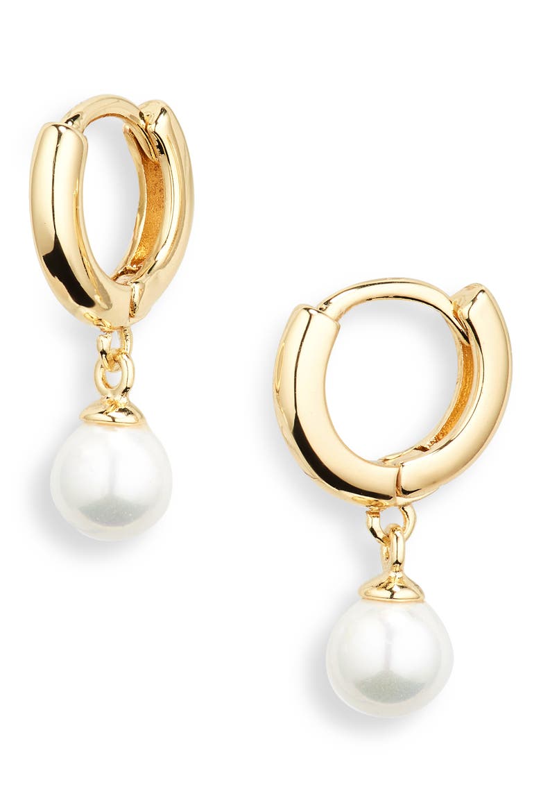 Faux Pearl Dangle Huggie Hoop Earrings, Main, color, WHITE- GOLD