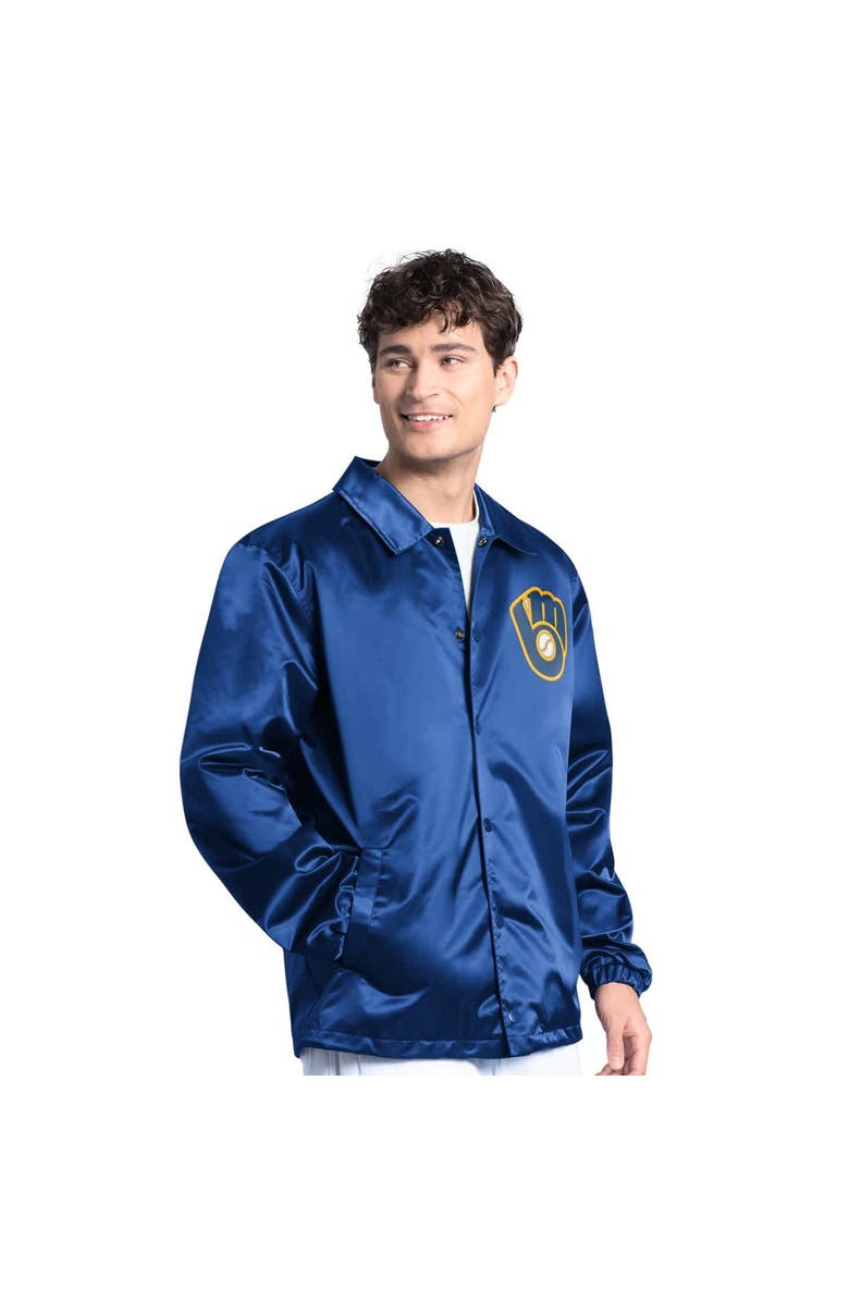 STARTER Men's Starter  Royal Milwaukee Brewers Cooperstown Collection Point Man Full-Snap Coaches Jacket, Alternate, color, Royal