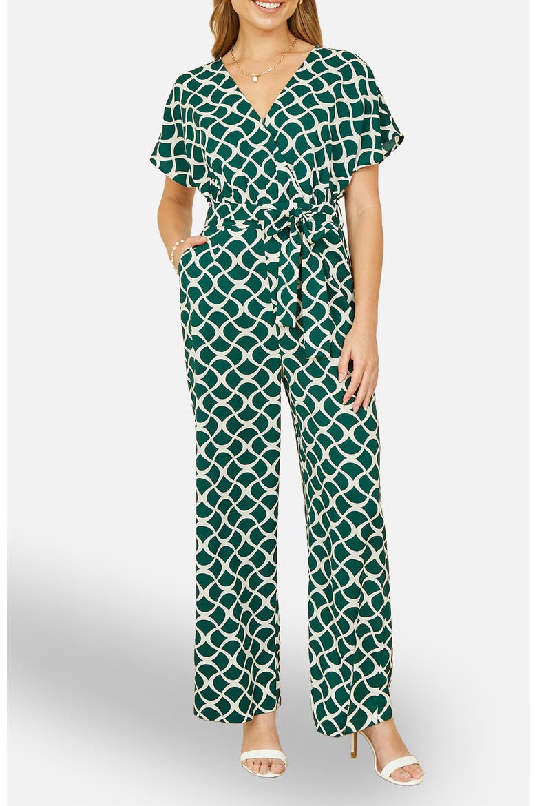 Geometric Print Wrap Jumpsuit, Alternate, color, Green