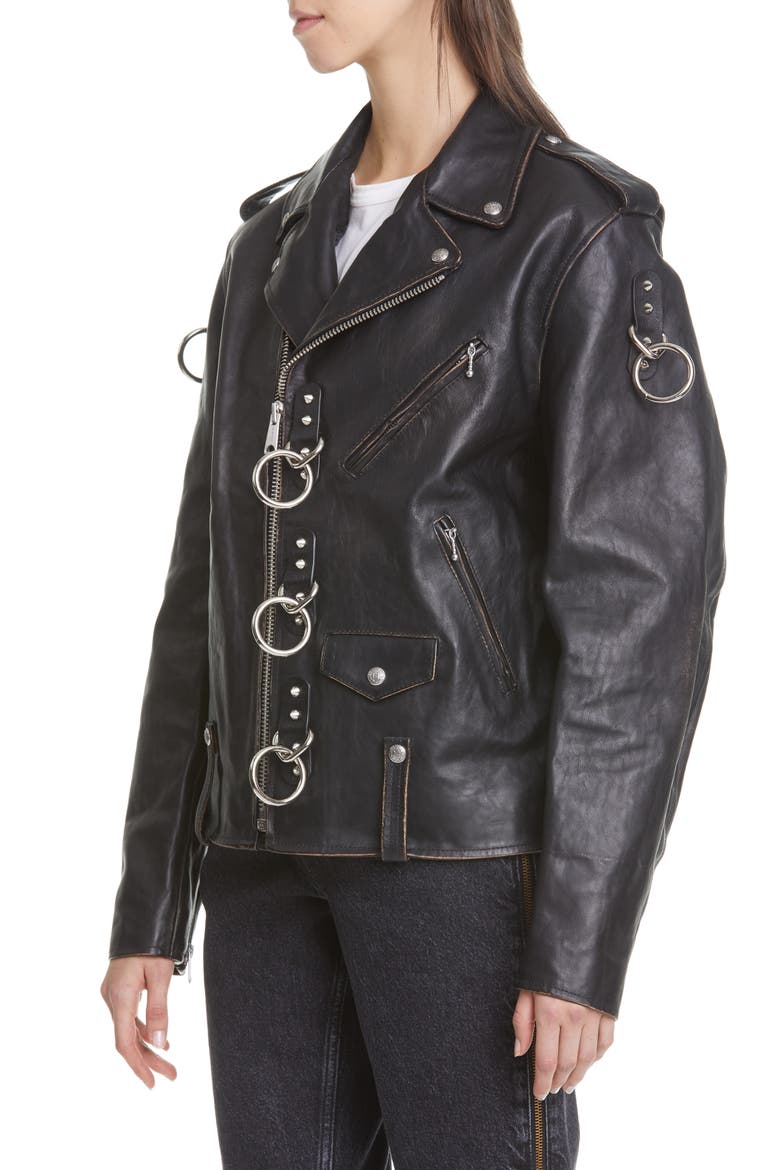 Ring Detail Refurbished Leather Moto Jacket, Alternate, color, BLACK
