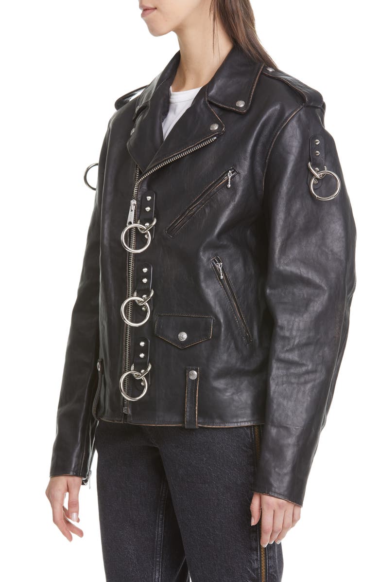 R13 Ring Detail Refurbished Leather Moto Jacket, Alternate, color,