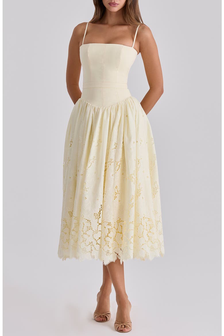 Ysabella Lace Skirt Stretch Cotton Cocktail Dress, Main, color, LEMON