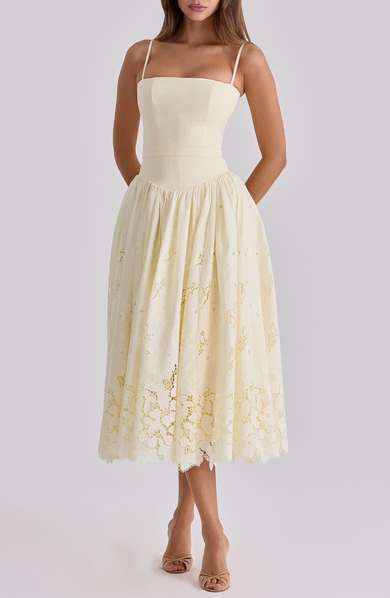 HOUSE OF CB Ysabella Lace Skirt Stretch Cotton Cocktail Dress, Alternate, color, Lemon