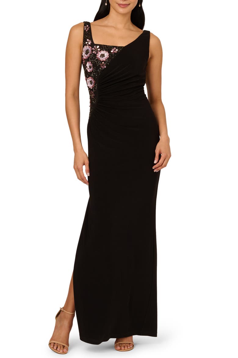 Beaded Jersey Evening Gown, Main, color, BLACK MULTI