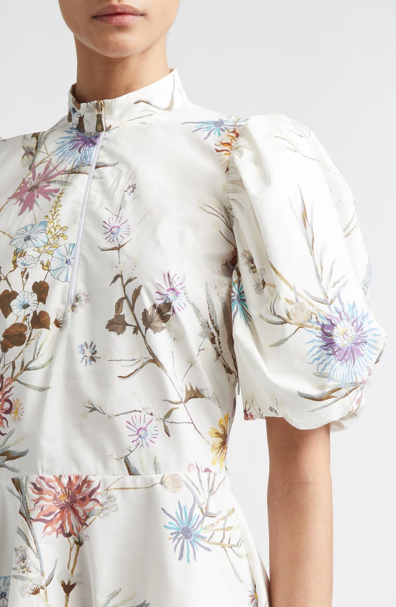 Eleventy Floral Puff Sleeve Cotton Poplin Dress, Alternate, color, 01 White