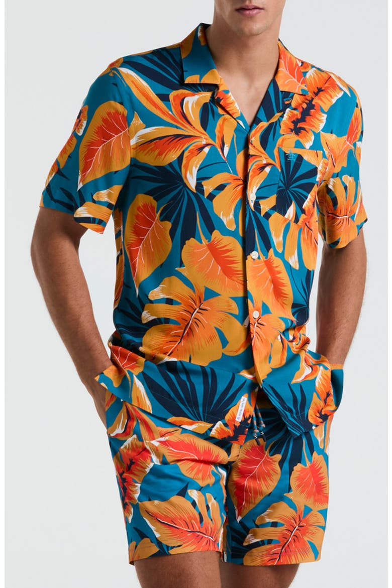 Tropical Leaf Print Viscose Camp Shirt, Main, color, MOSAIC BLUE