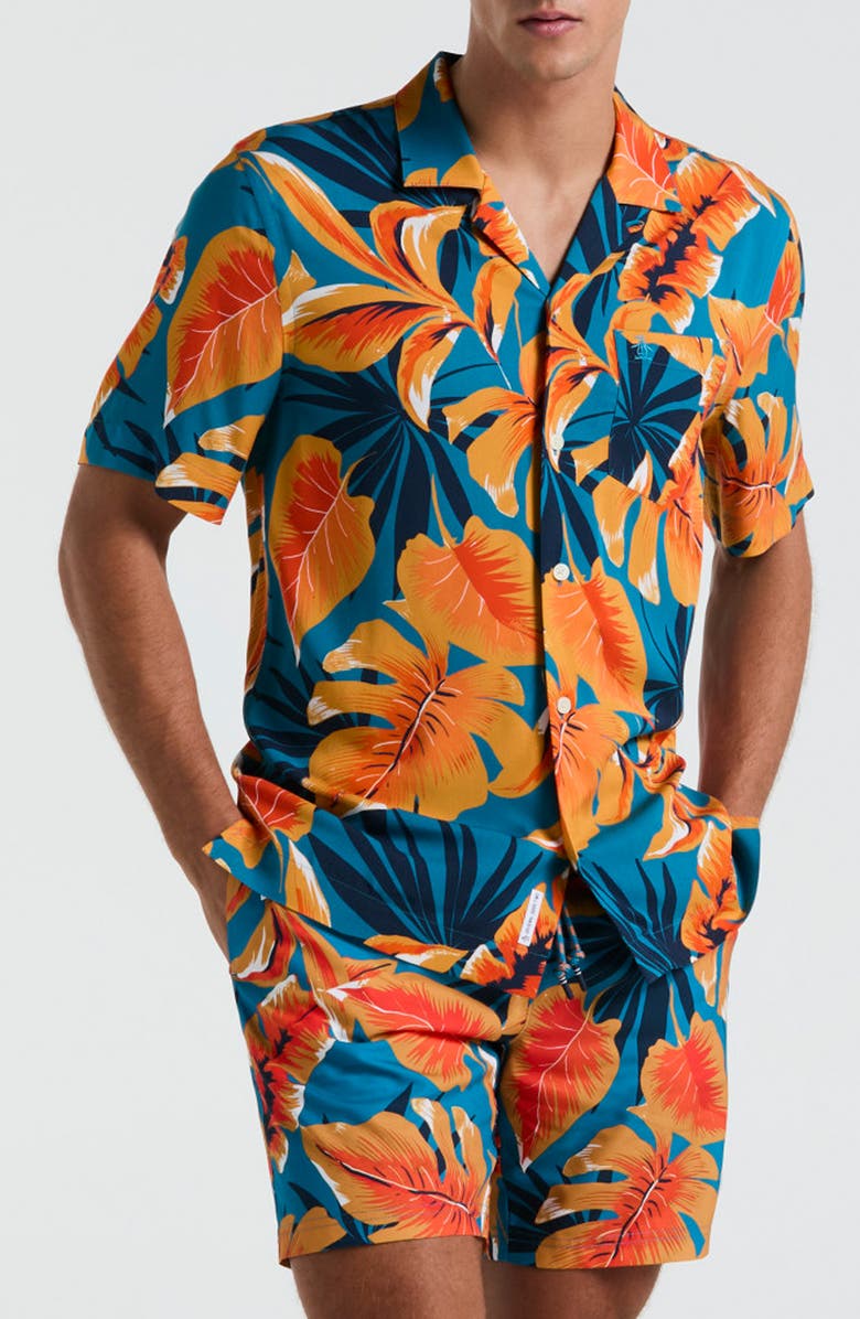 Original Penguin Tropical Leaf Print Viscose Camp Shirt, Main, color, Mosaic Blue